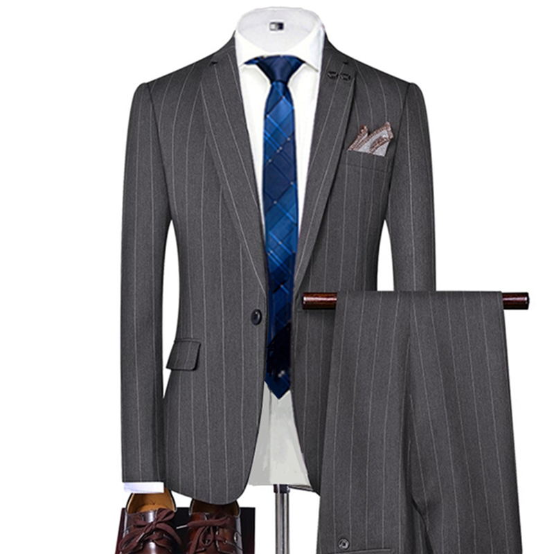 Men Formal Wear Wedding - Szare/Czarne Garnitury Męskie w Paski Jednorzędowe